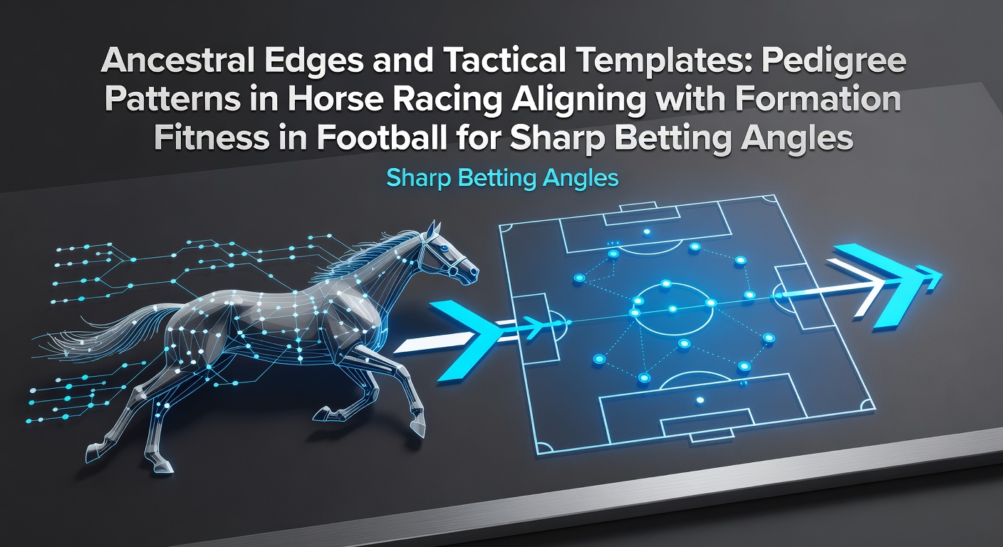 A thoroughbred horse galloping on a track with a soccer formation diagram overlaid, highlighting pedigree lineage and tactical setups