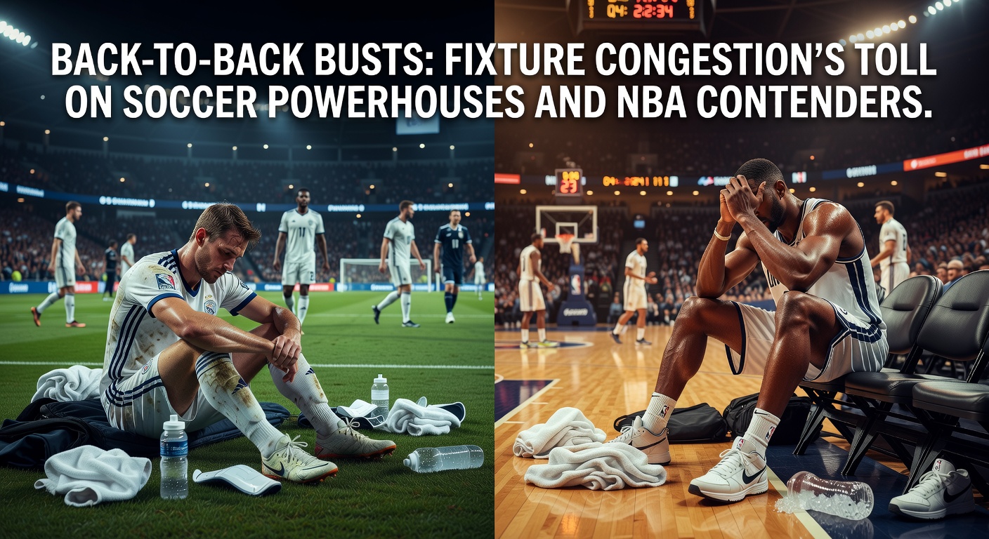 An NBA court packed with players in motion during a back-to-back game, contrasted with a soccer stadium under floodlights for a midweek fixture, highlighting the exhaustion of dense schedules