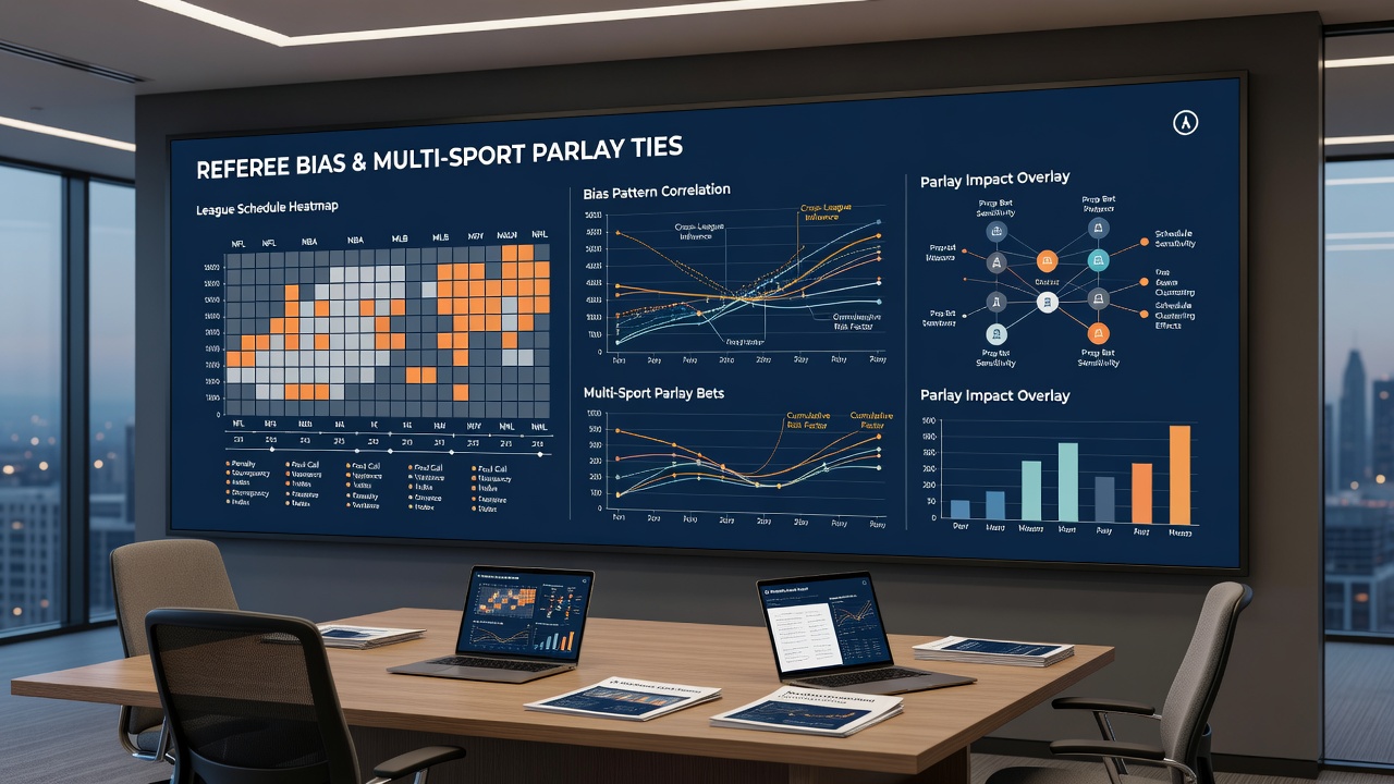 Infographic showing multi-sport parlay structures linked to referee statistics and international fixture timelines