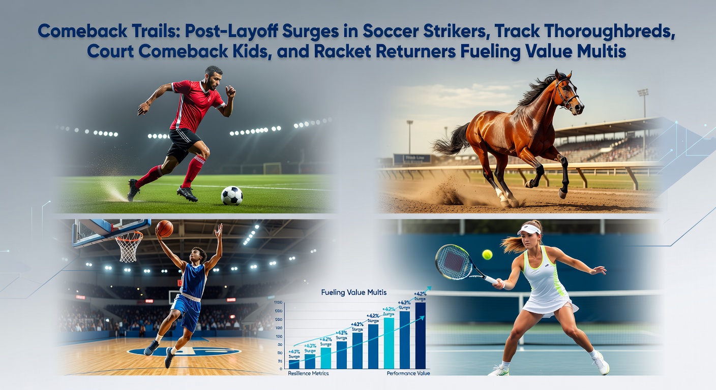 A soccer striker bursts through defenders to score on his post-injury return, with a thoroughbred horse surging ahead on the track in the background