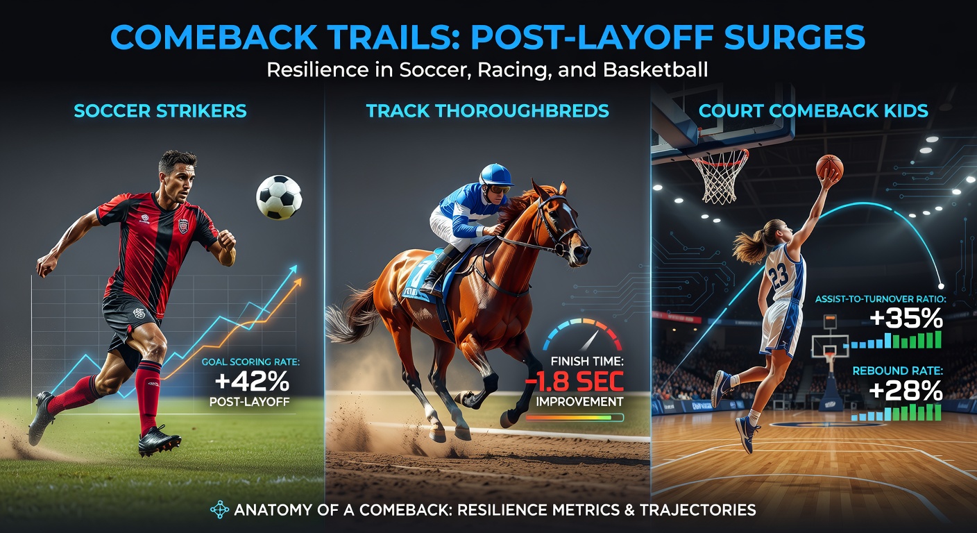 Thoroughbred horse powering down the stretch post-layoff, alongside a basketball player dunking fiercely on return from bench