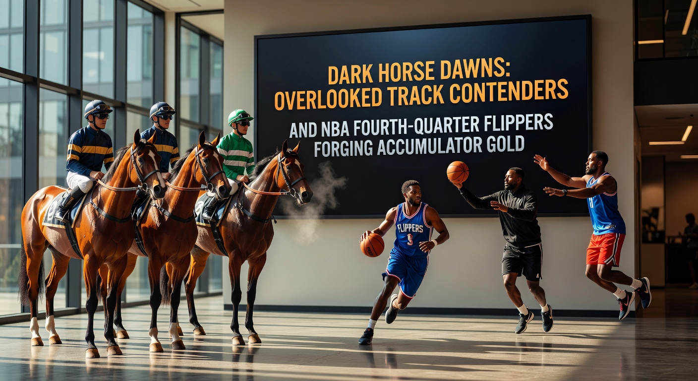 A sleek dark horse charging down the track at dawn, with jockey urging it forward amid misty morning light, symbolizing overlooked contenders ready to surge