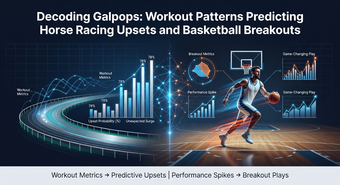 A thoroughbred horse in full gallop during a morning workout, muscles rippling under the dawn light at a bustling training track