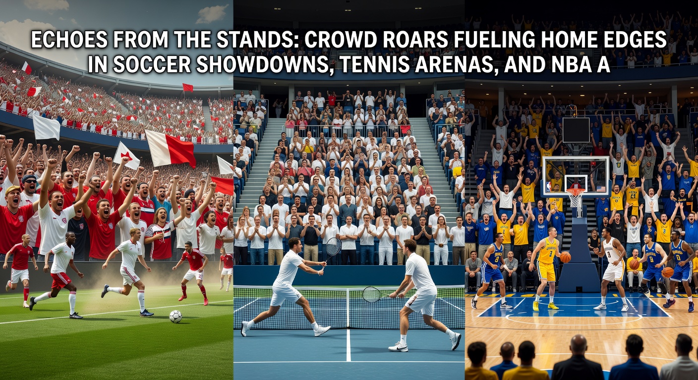 Tennis player serving amid a roaring crowd at a Grand Slam arena, tension etched on faces as noise echoes off the stands