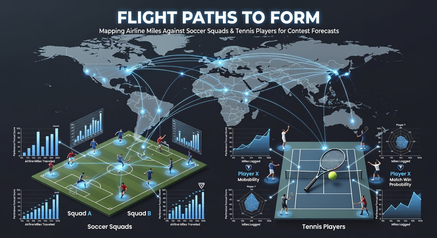 Airline route map overlaid with soccer and tennis performance data visualization