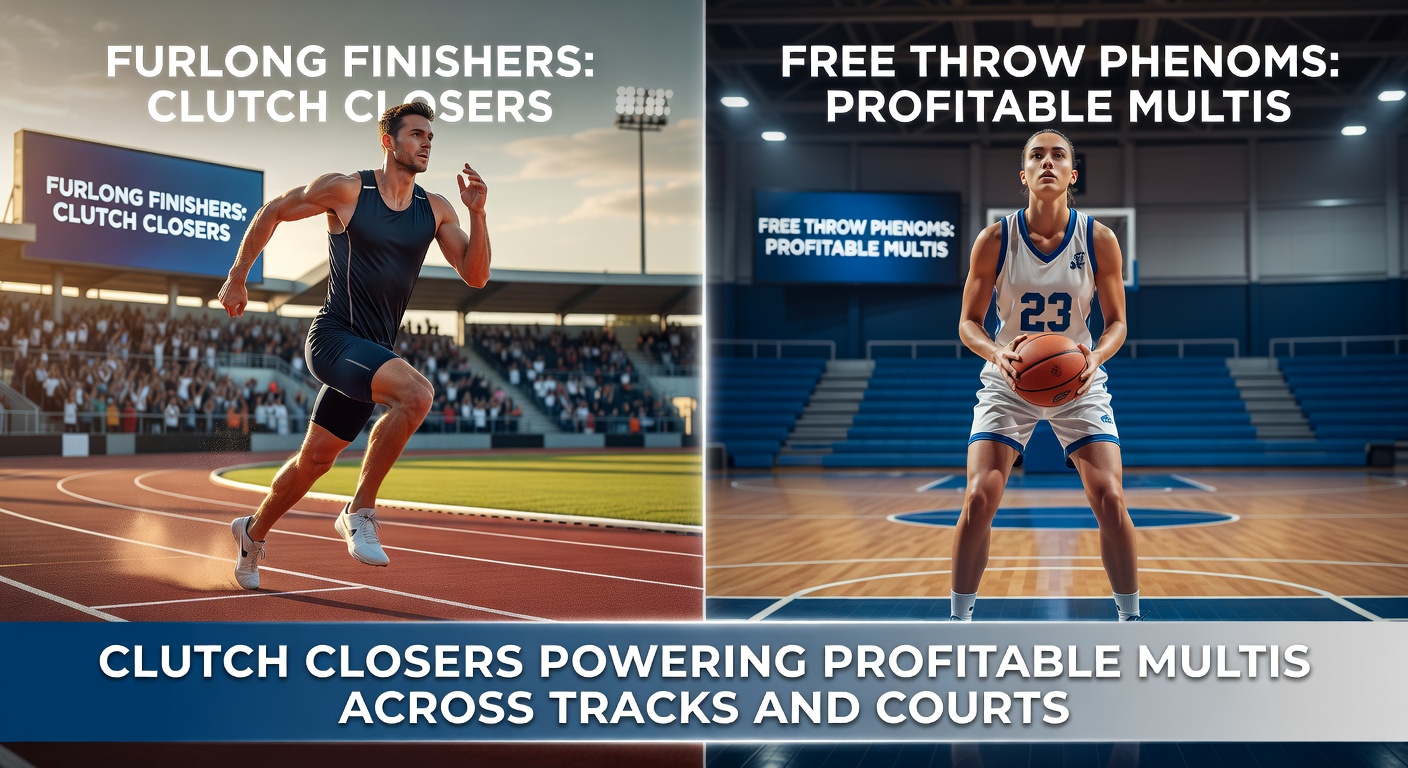 A powerful horse surging in the final furlong at a packed racetrack, with a basketball player sinking a clutch free throw in an arena spotlighted by fans