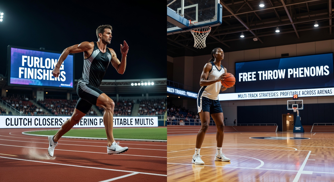 Basketball star at the free-throw line in a tense NBA game moment, overlaid with a racetrack photo of horses battling to the wire