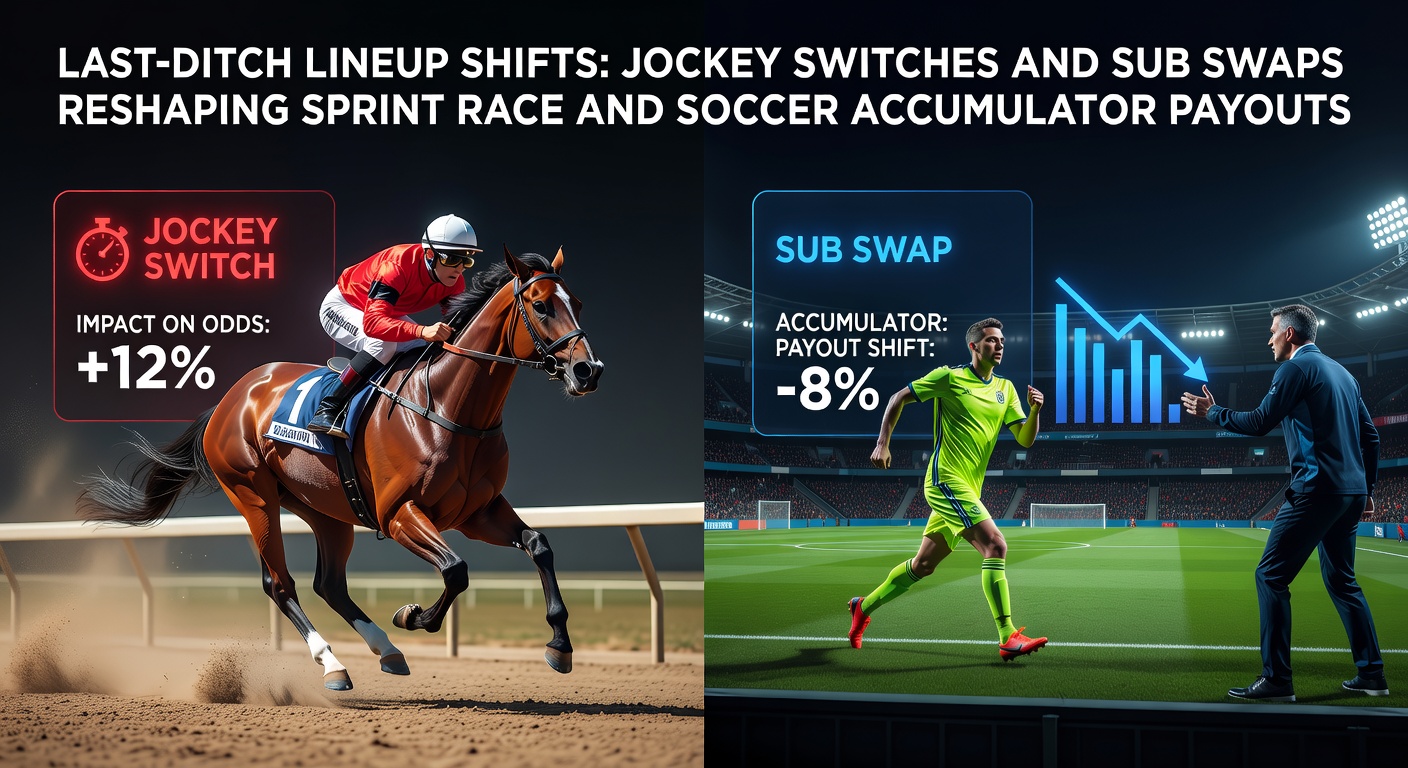 A jockey making a last-second switch atop a sprinting thoroughbred, with odds boards flickering in the background at a packed racetrack