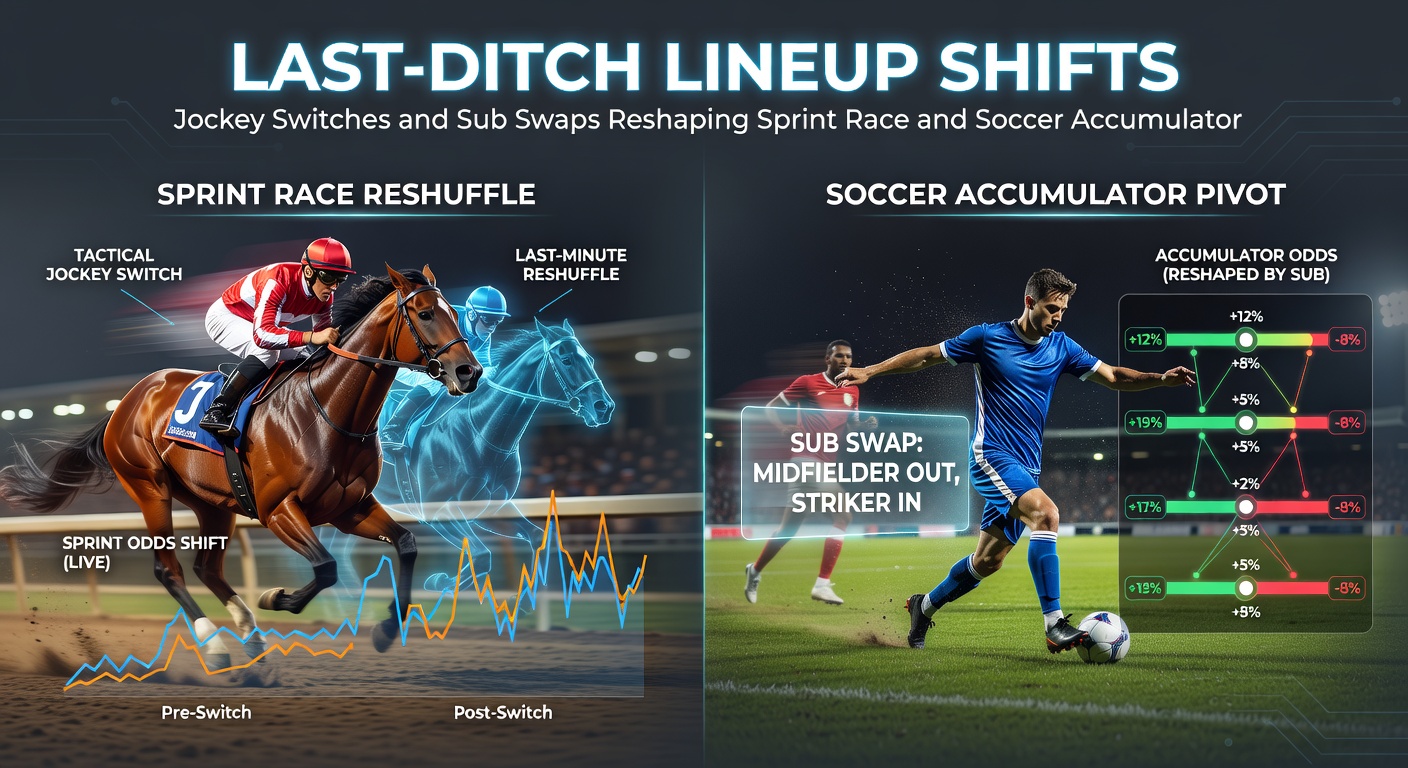 Soccer substitutes charging onto the pitch during a tense accumulator-deciding match, with electronic odds updating in real-time on stadium screens