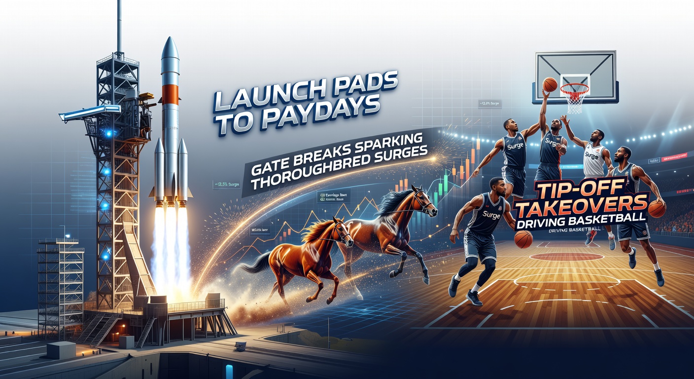 Basketball players leaping for a tip-off at center court, with the ball arcing toward one team's control amid roaring fans