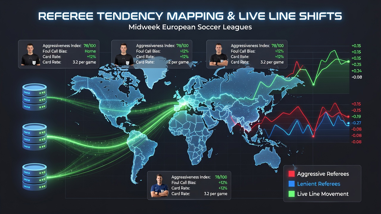 Live betting dashboard showing line movements correlated with referee statistics in European soccer
