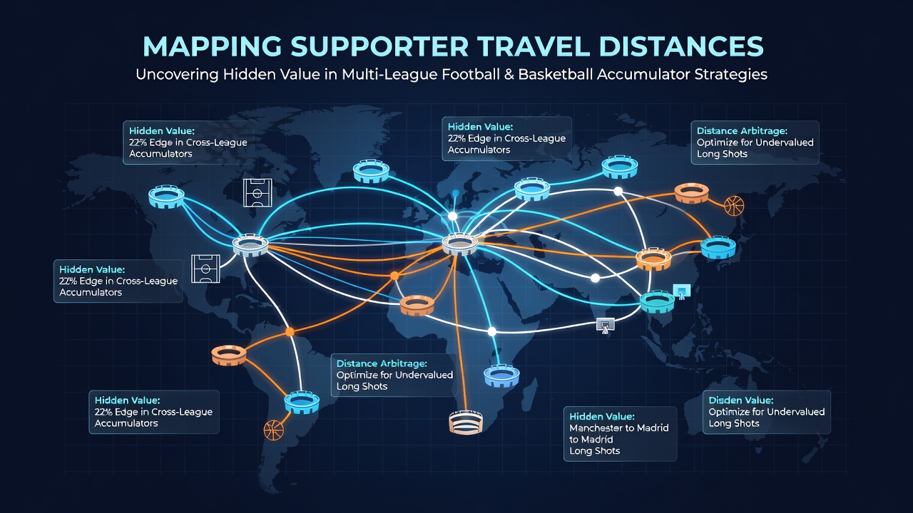 Detailed map showing supporter travel routes and distances for football and basketball matches across European and North American leagues
