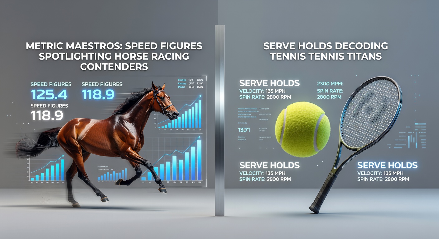 A dynamic split image showing a horse thundering down the track with speed lines and a tennis player serving powerfully under stadium lights