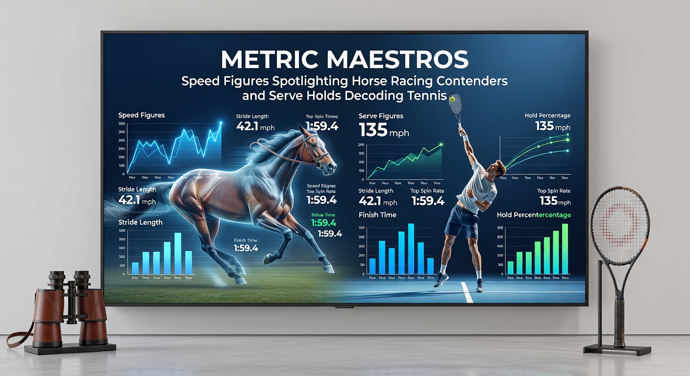Close-up of a tennis ace slicing through the air beside a digital speed figure chart overlay on a racetrack