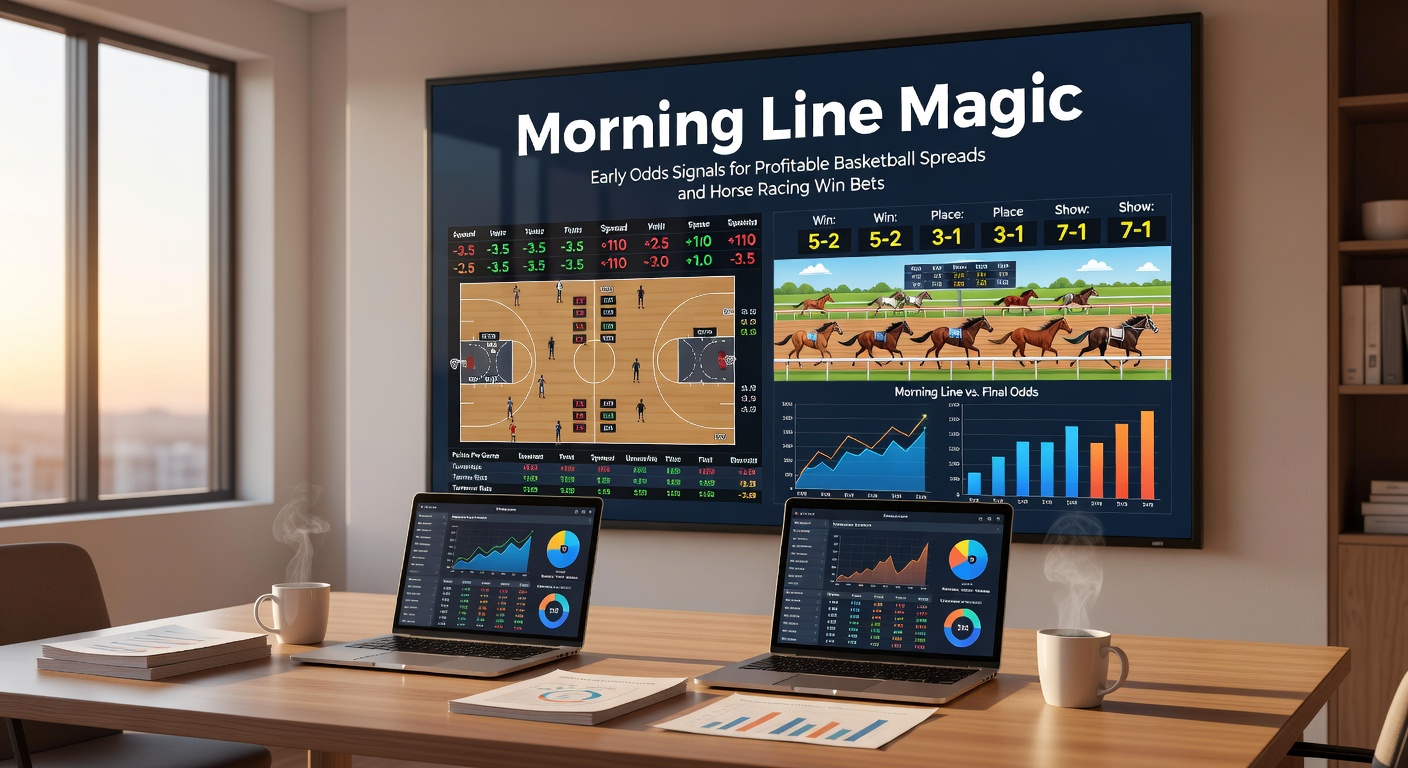 Vibrant racetrack tote board displaying morning line odds for upcoming horse races under clear morning skies