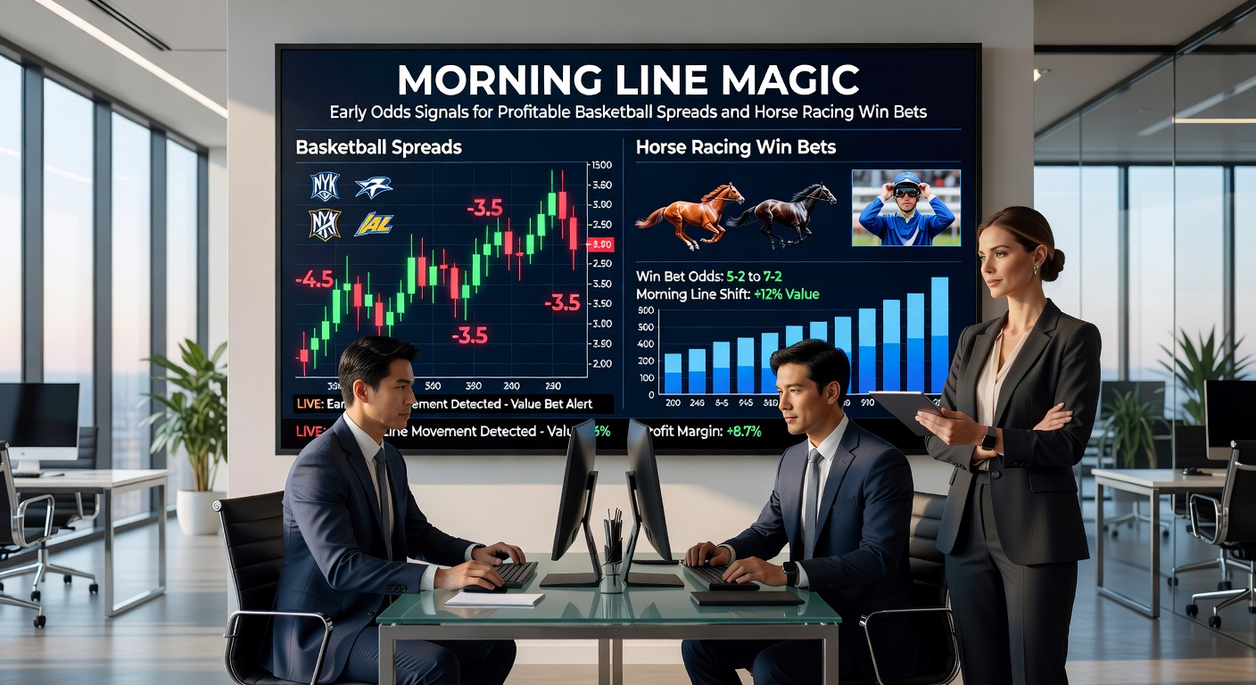 Dynamic split-screen showing NBA basketball spread odds on a digital display alongside a horse racing morning line sheet