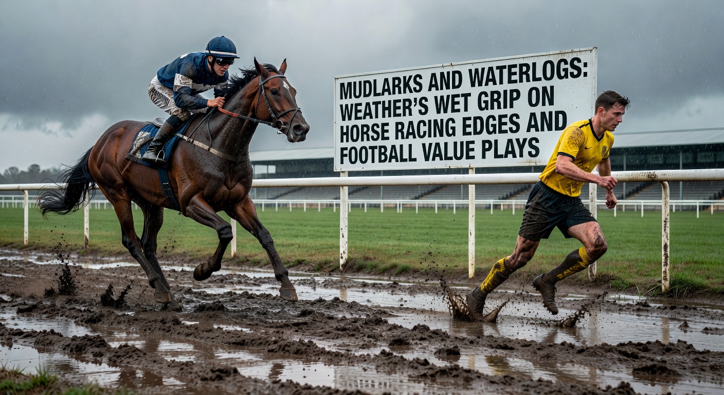 A muddy horse racing track during heavy rain, with jockeys navigating through splashes and soft ground, highlighting the challenges of wet conditions