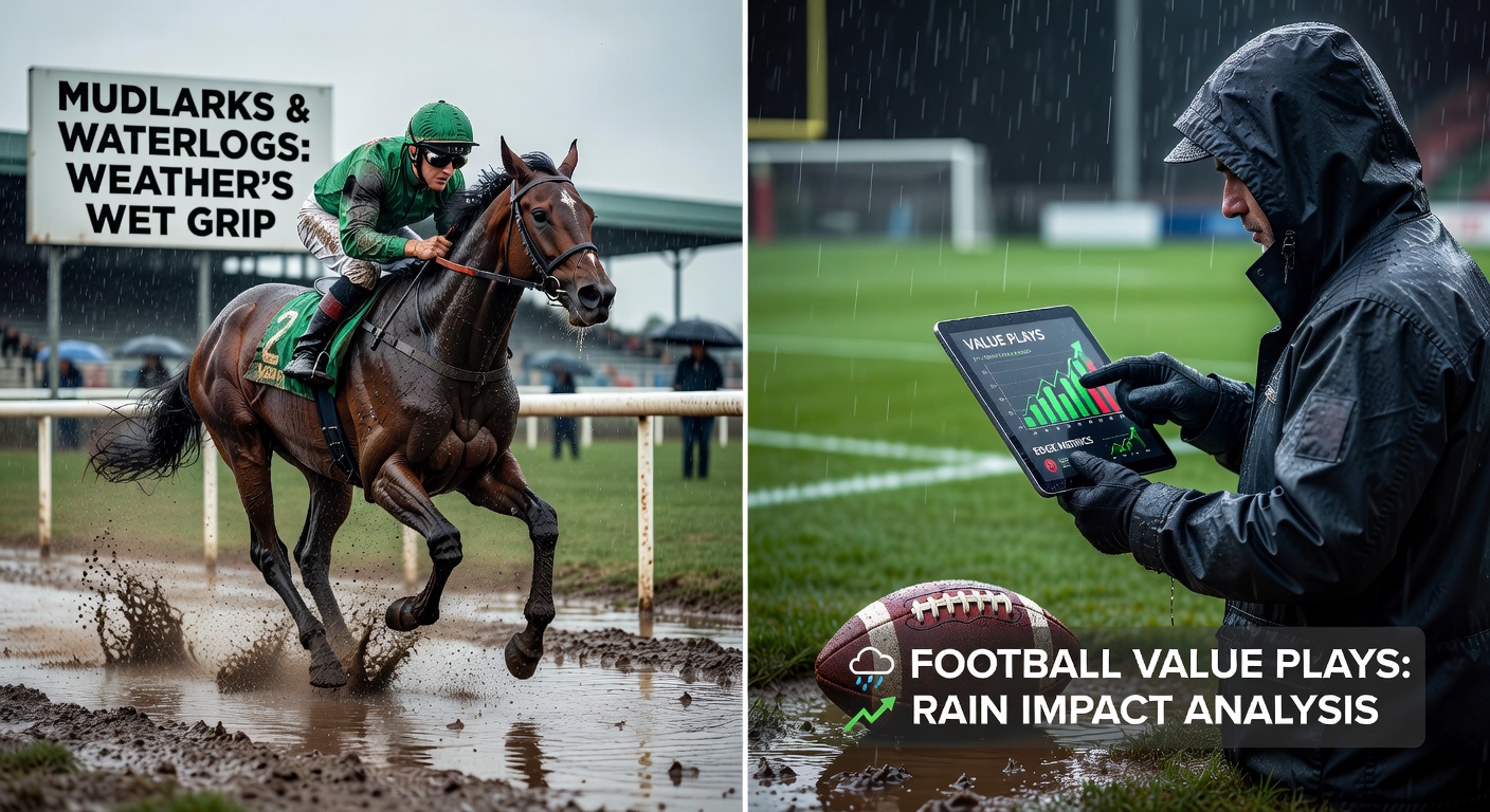 A waterlogged football pitch under grey skies, players slipping in puddles during a match, illustrating how rain disrupts ball control and tactics