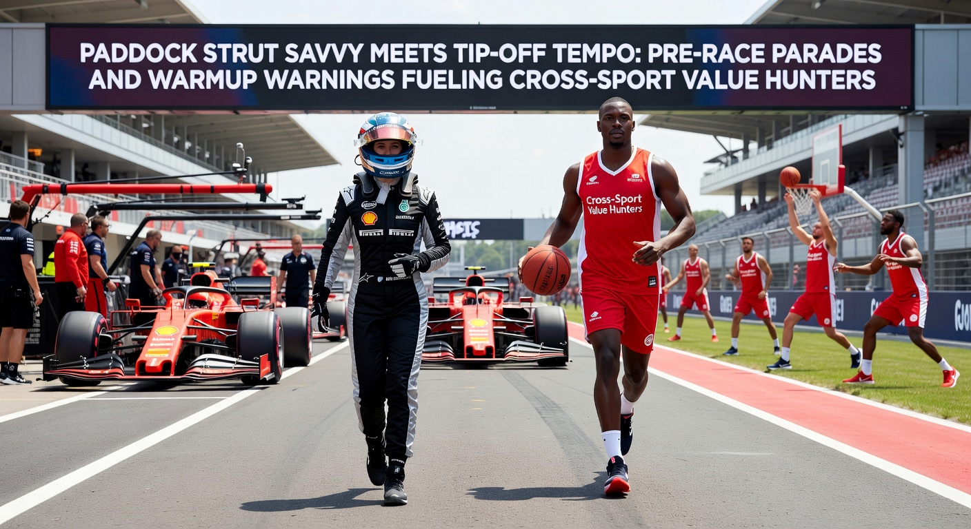 A horse parading confidently in the paddock before a race, muscles gleaming under the lights, while basketball players stretch during pre-game warmups in a packed arena