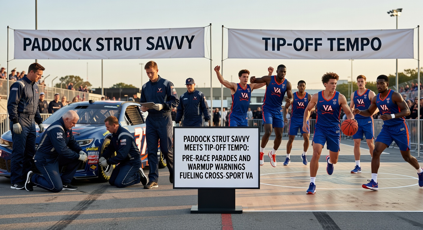 Basketball players in dynamic warmup drills on the court, contrasted with a tense horse in the paddock ring, highlighting pre-event tension