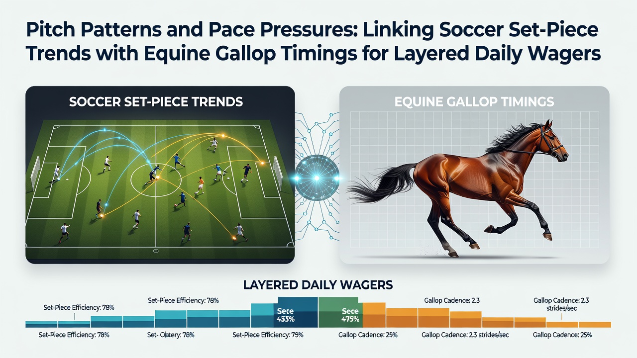 Soccer players executing a set-piece drill on a green pitch next to a thoroughbred horse maintaining steady gallop timing on an adjacent track