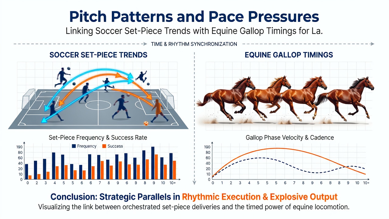 Split-screen view showing a soccer free-kick taker and a horse crossing the finish line with overlaid timing graphs