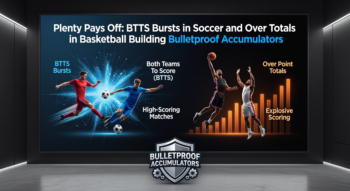 Close-up of soccer players celebrating a goal alongside basketball scoreboard ticking past the over total, illustrating accumulator success