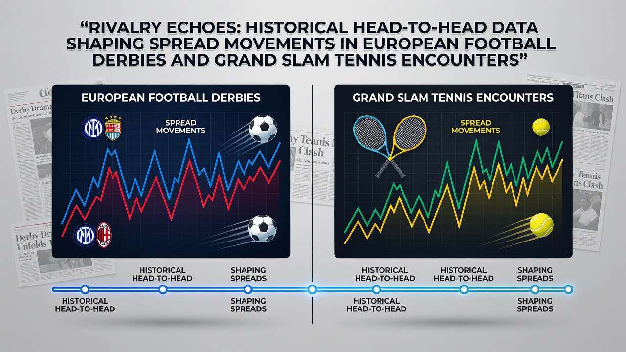 Historical head-to-head charts overlaying European football derby scenes and tennis court action at a Grand Slam venue
