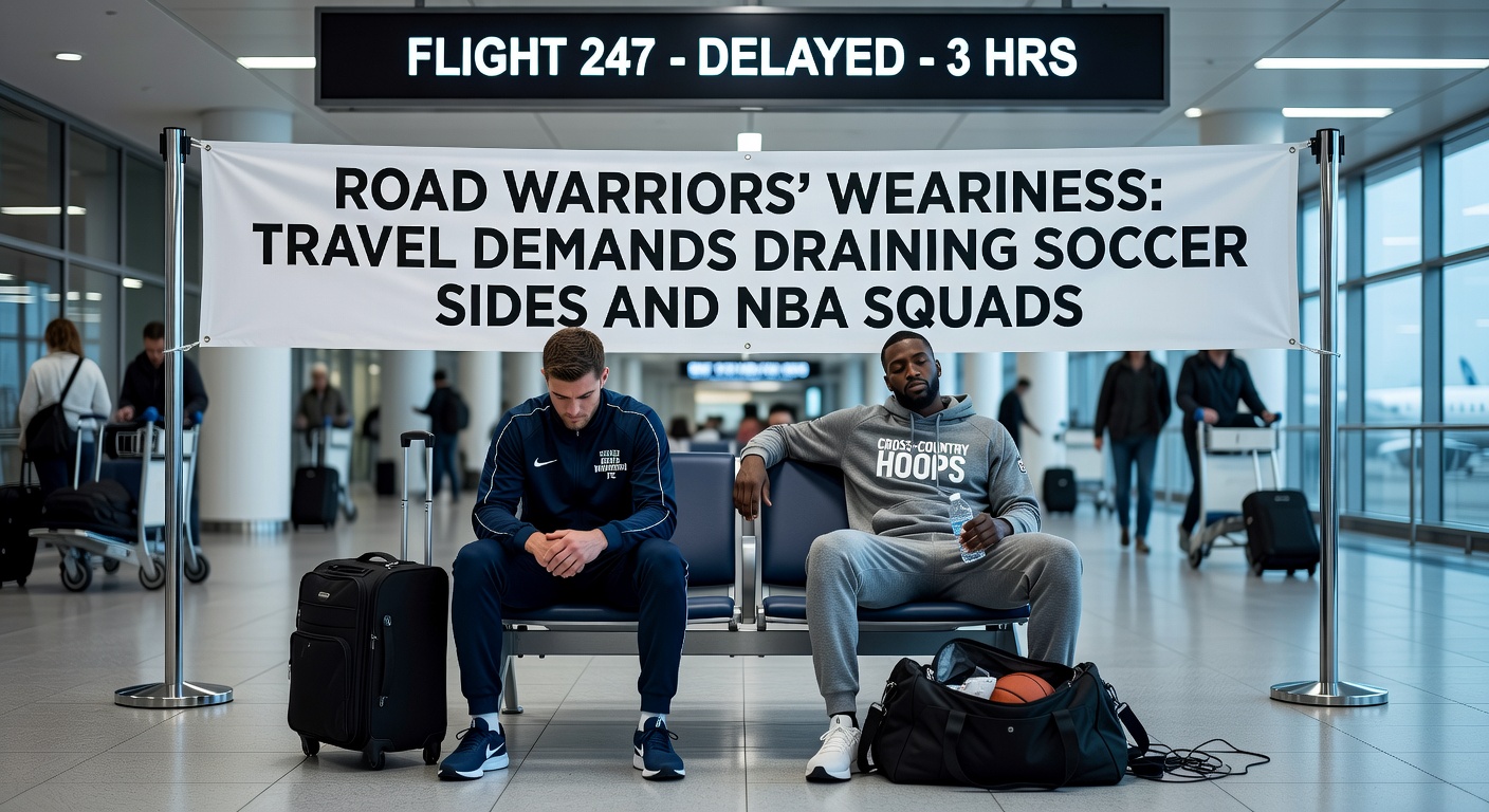 A weary soccer player trudging off the pitch after a long-haul flight, with an NBA team bus in the background under stadium lights