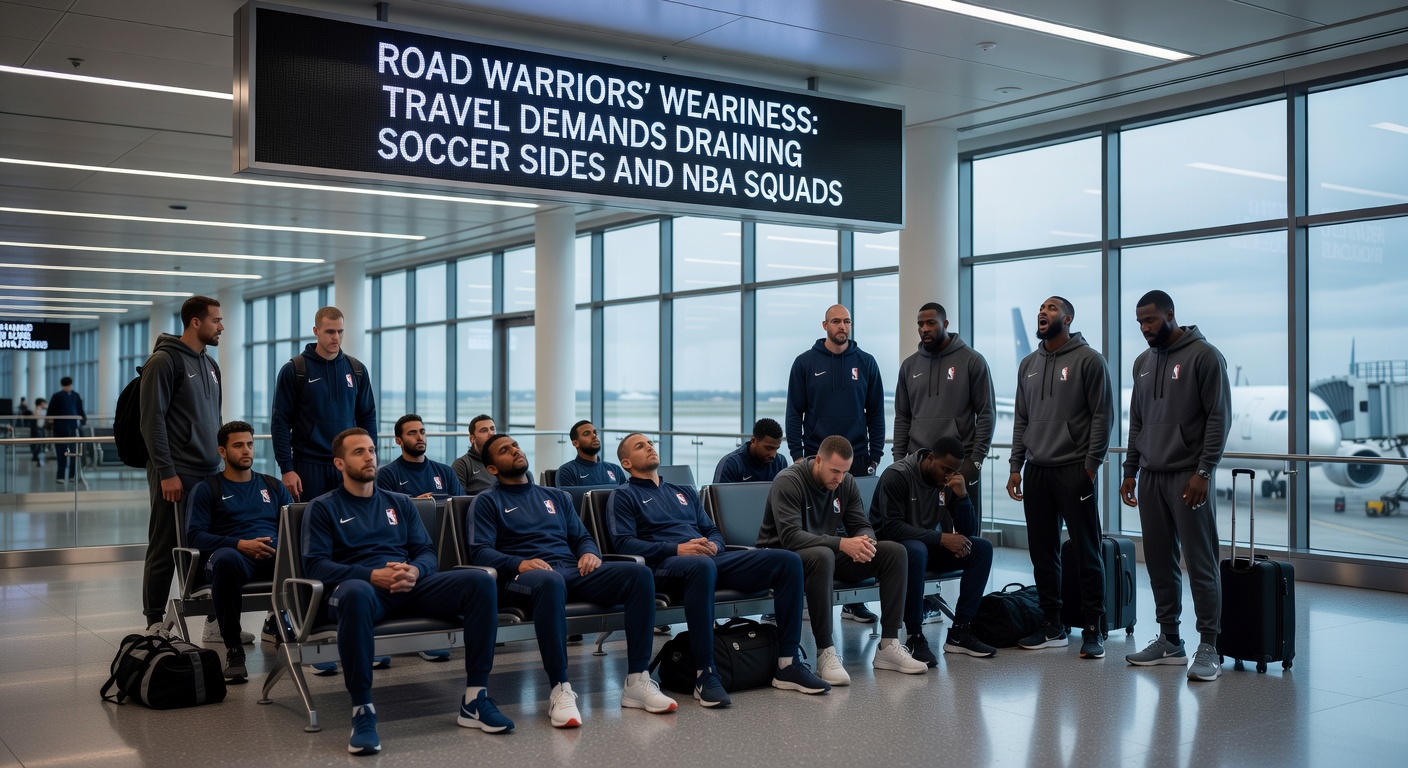NBA players exhausted on a team plane, maps showing crisscrossing routes overlaid with soccer stadiums in Europe