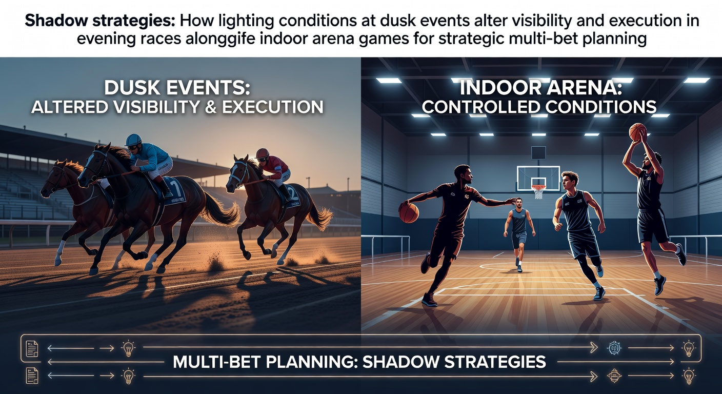 Dusk lighting over a horse racing track with long shadows affecting visibility during an evening event