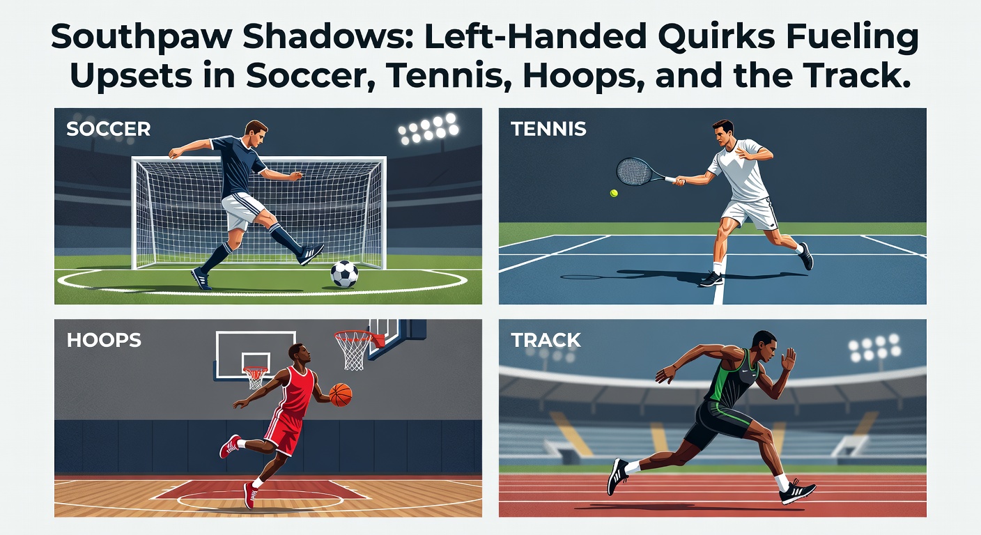 Left-handed basketball player driving to the hoop past defenders, illustrating southpaw unpredictability in hoops