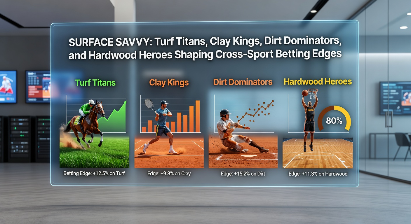 Vibrant collage showing horse galloping on lush turf, tennis player sliding on red clay, dirt track racer kicking up dust, and basketball star driving on polished hardwood court