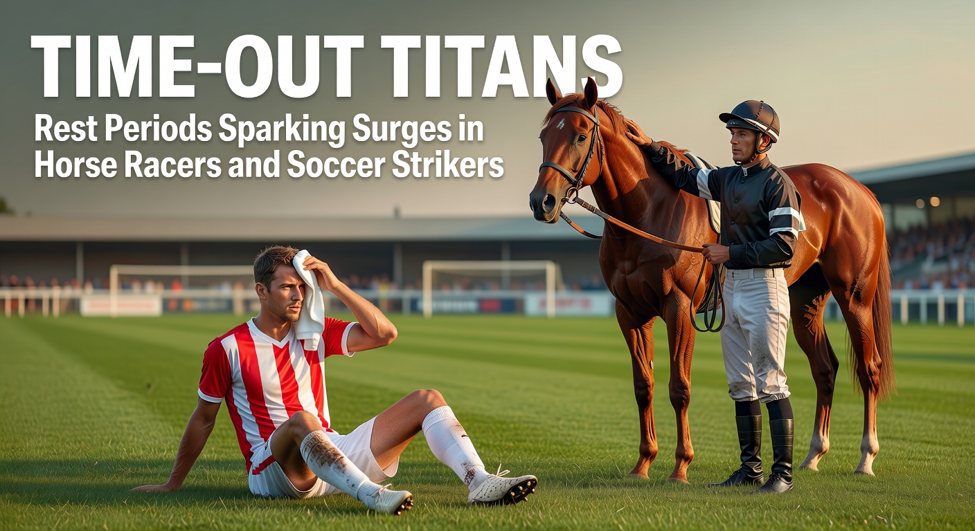 A thoroughbred horse in a serene paddock recovering post-race alongside a soccer striker icing his legs after a grueling match, highlighting rest's role in peak performance