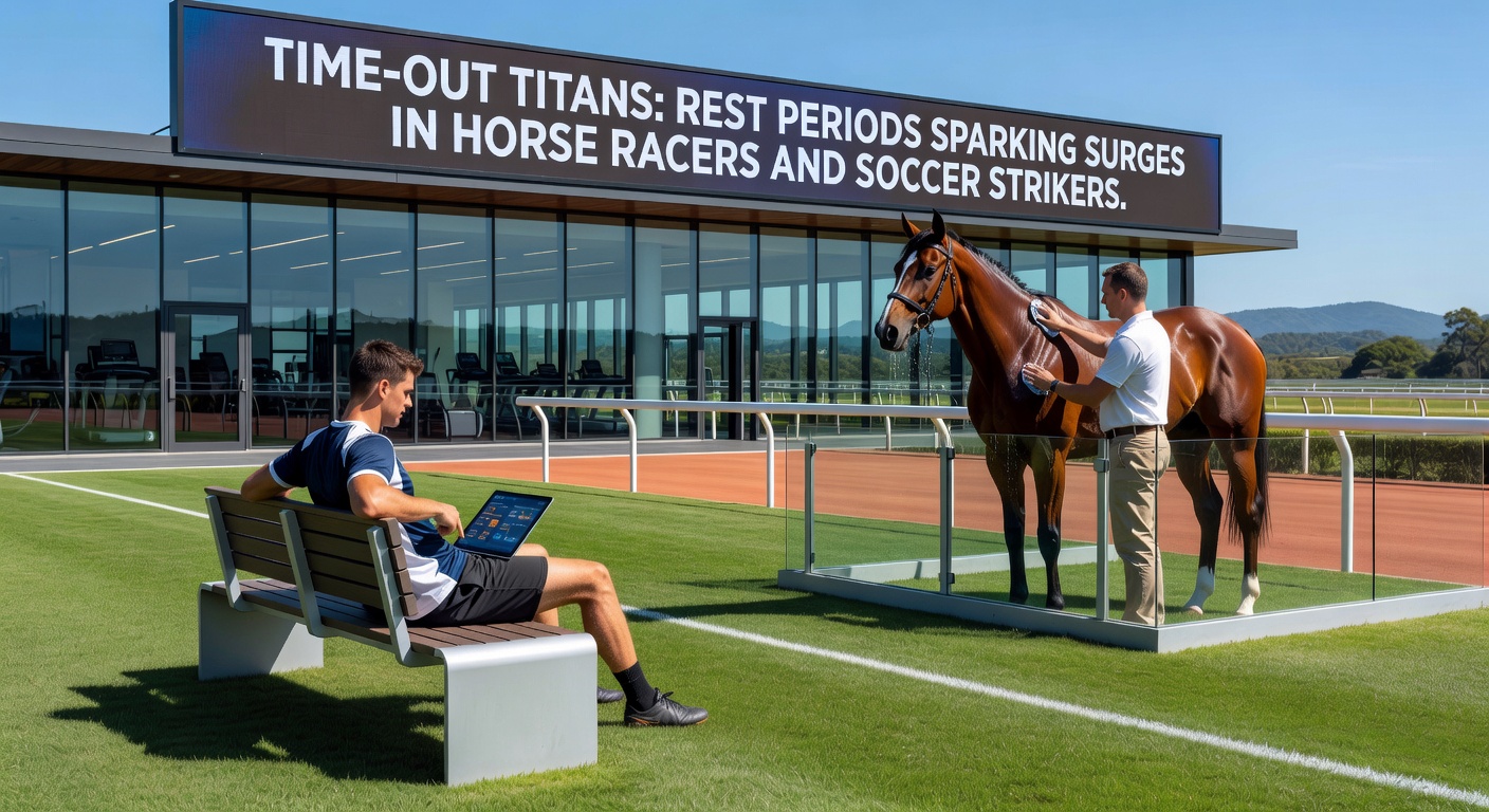 Split-view of a jockey leading a rested horse to victory in a photo finish next to a soccer striker celebrating a last-minute winner, capturing the thrill of post-rest triumphs