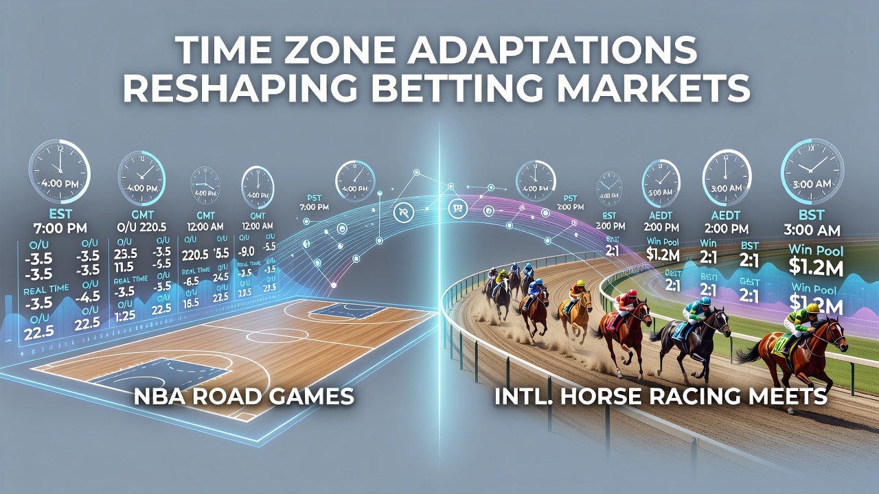 NBA players adjusting to time zone changes during a road game while bettors monitor live odds adjustments