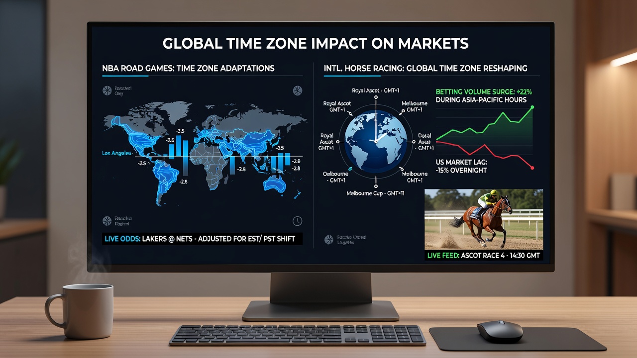 International horse racing meet with horses and jockeys adapting to new time zones as betting markets update odds